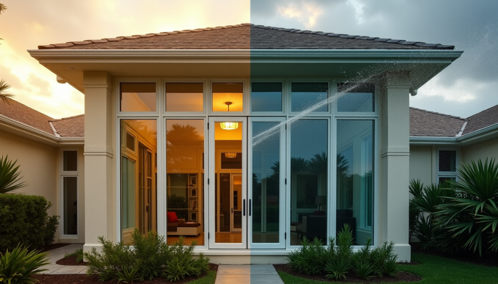 Image of hurricane  windows in Florida, recent hurricane rate window installation by local window replacement company for classic florida home 